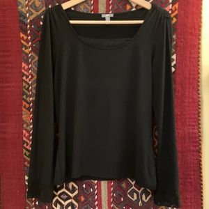J Jill - S, fits like M/L - Black Lightweight Top, Sheer Neck & Long Sleeve Trim